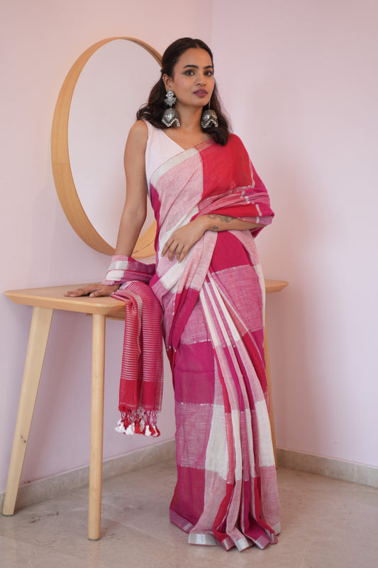 Noorani Checks Multi Coloured Linen Saree