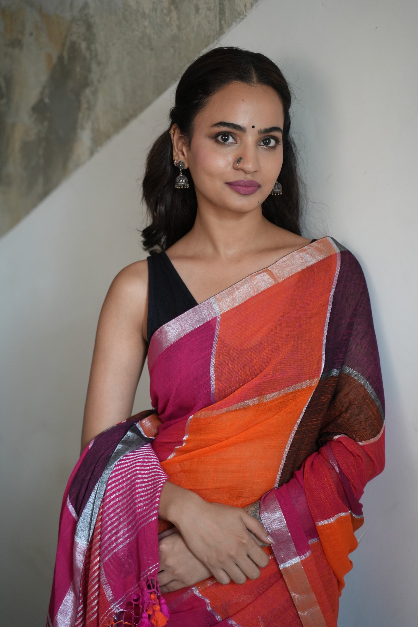 Noorani Checks Multi Coloured Linen Saree