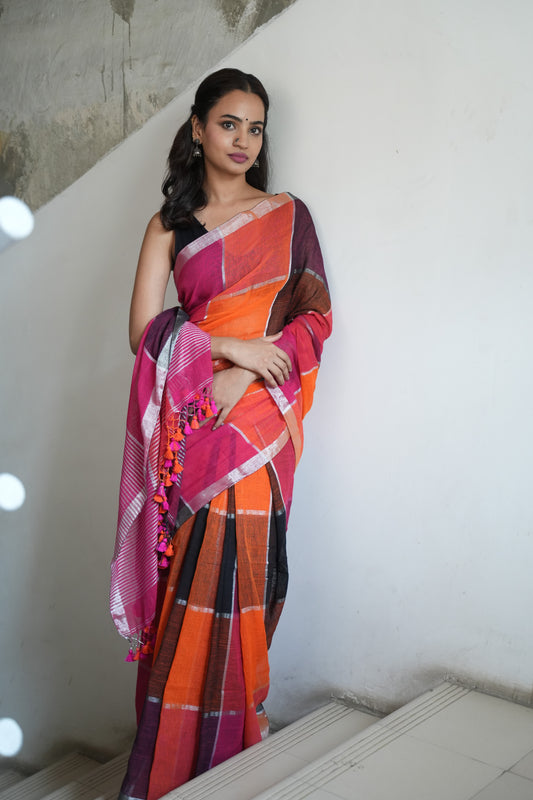 Noorani Checks Multi Coloured Linen Saree
