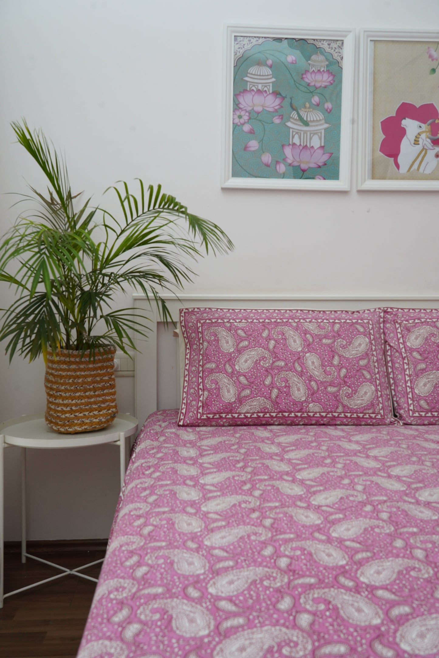 Cherry Blossom- Pink & White King Size 100% Cotton Handblock Print Bedsheet