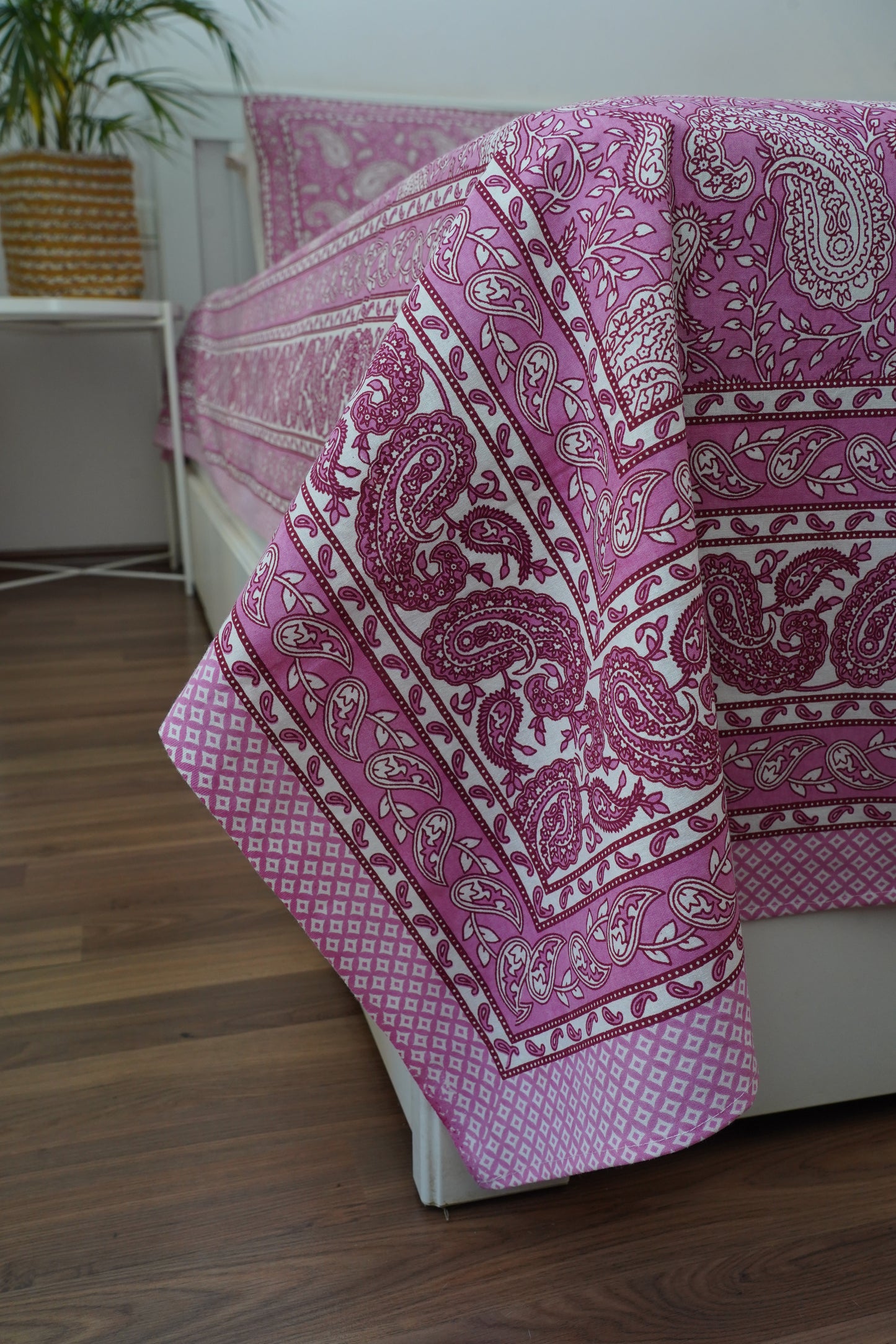 Cherry Blossom- Pink & White King Size 100% Cotton Handblock Print Bedsheet