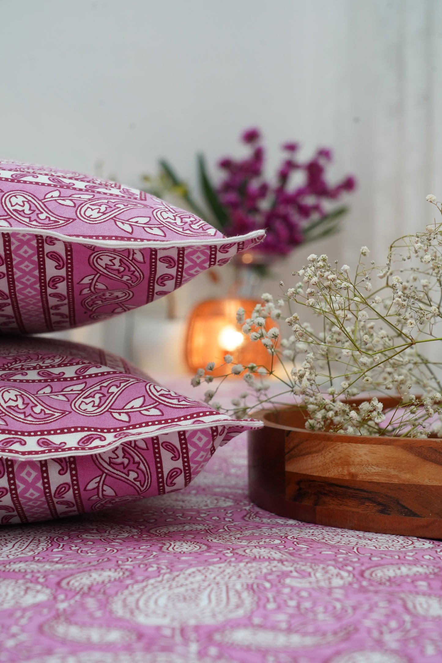 Cherry Blossom- Pink & White King Size 100% Cotton Handblock Print Bedsheet