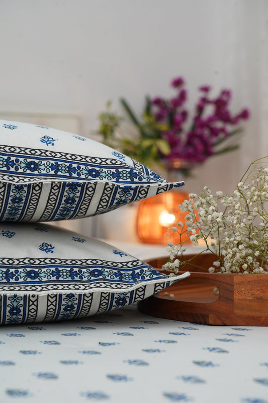 Miniature Buti- White & Blue King Size 100% Cotton Handblock Print Bedsheet