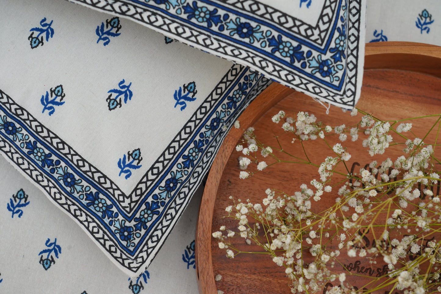 Miniature Buti- White & Blue King Size 100% Cotton Handblock Print Bedsheet