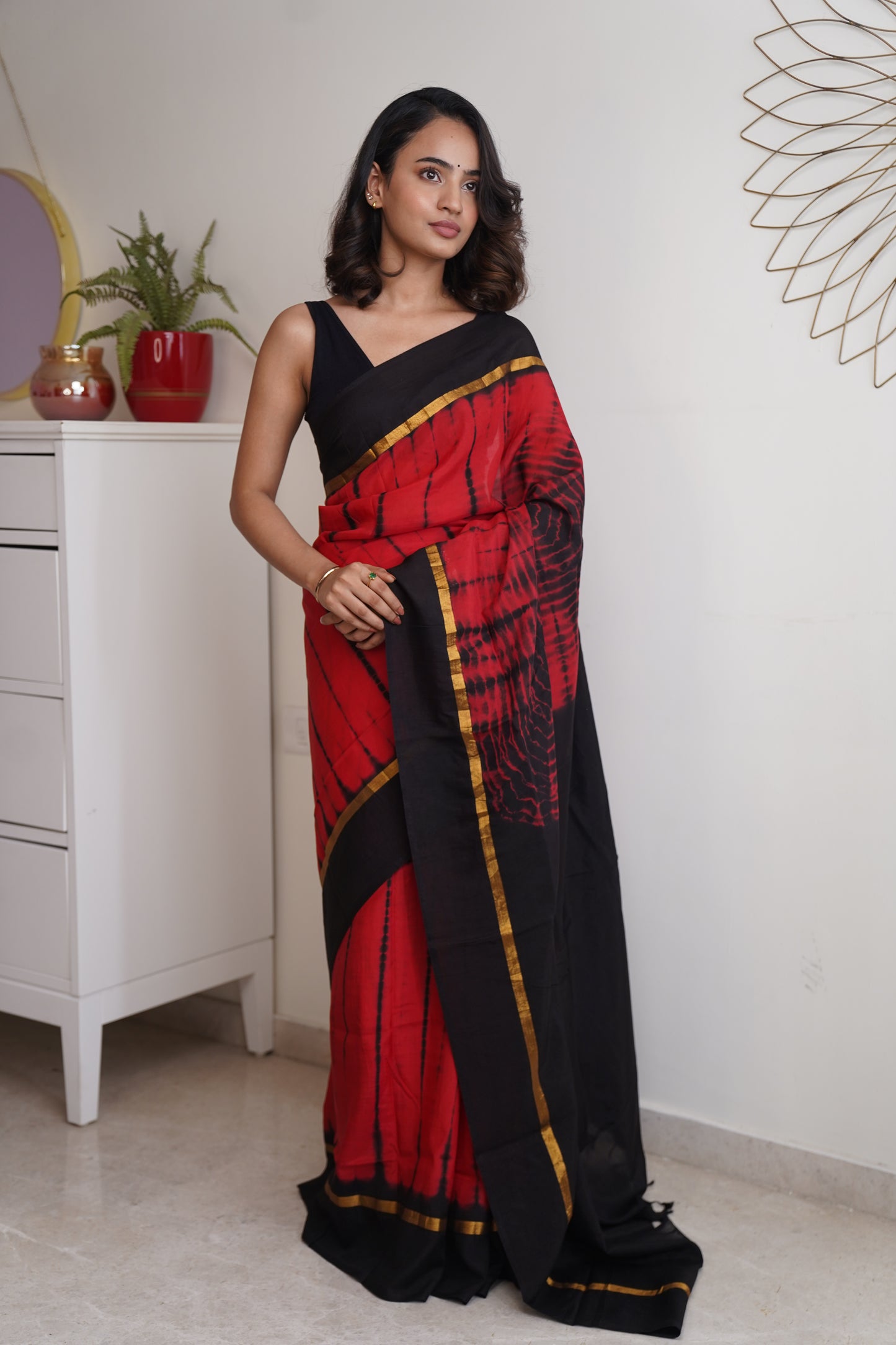 Carmine Red & Black Assam Silk and Cotton  Tie & Dye Pattern Saree