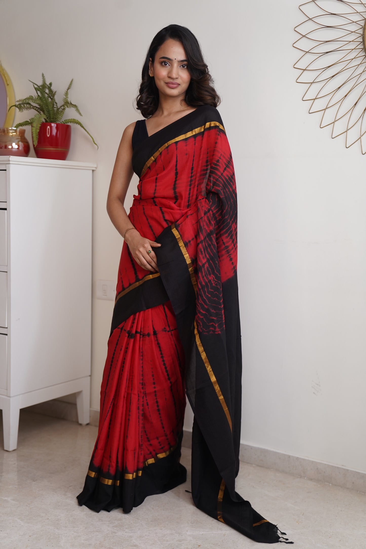 Carmine Red & Black Assam Silk and Cotton  Tie & Dye Pattern Saree