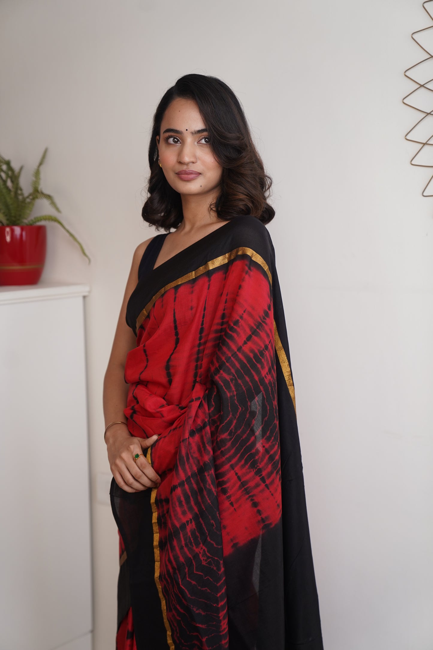 Carmine Red & Black Assam Silk and Cotton  Tie & Dye Pattern Saree