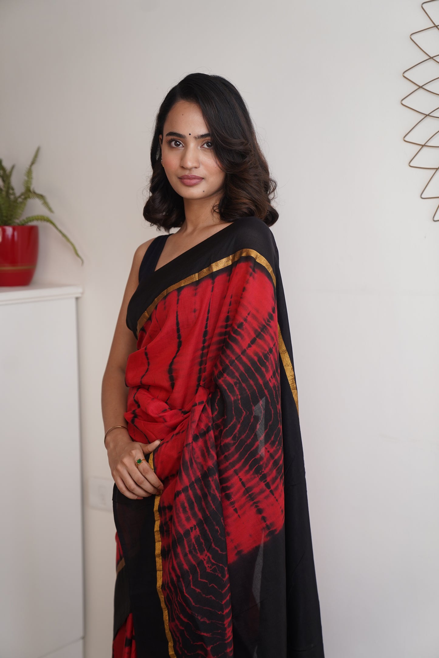 Carmine Red & Black Assam Silk and Cotton  Tie & Dye Pattern Saree
