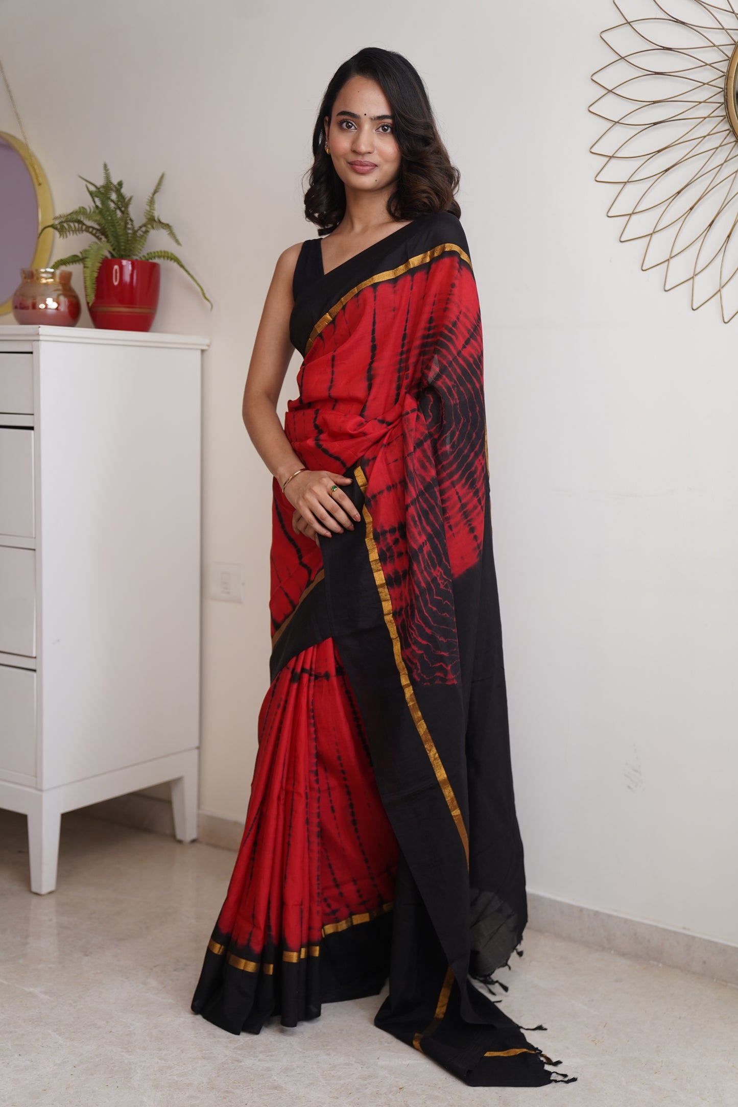 Carmine Red & Black Assam Silk and Cotton  Tie & Dye Pattern Saree