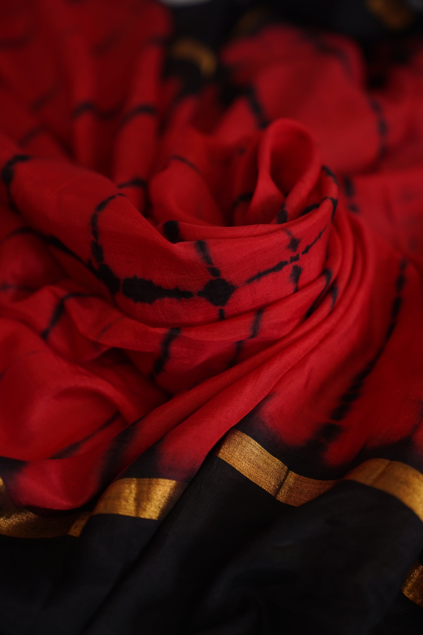 Carmine Red & Black Assam Silk and Cotton  Tie & Dye Pattern Saree