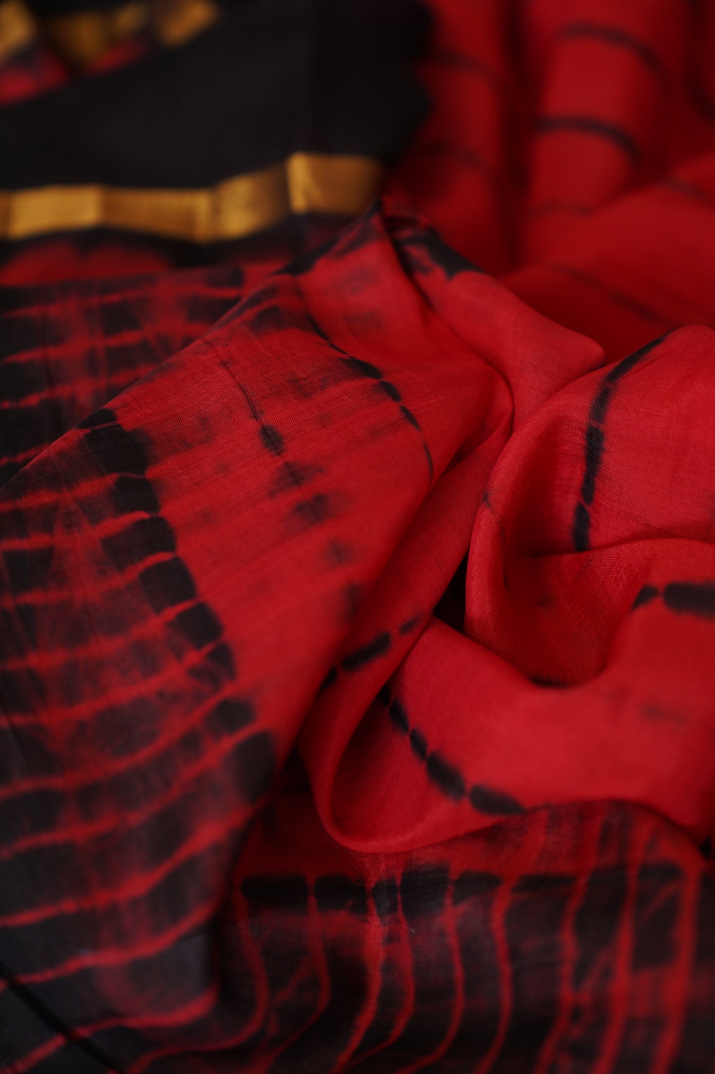 Carmine Red & Black Assam Silk and Cotton  Tie & Dye Pattern Saree