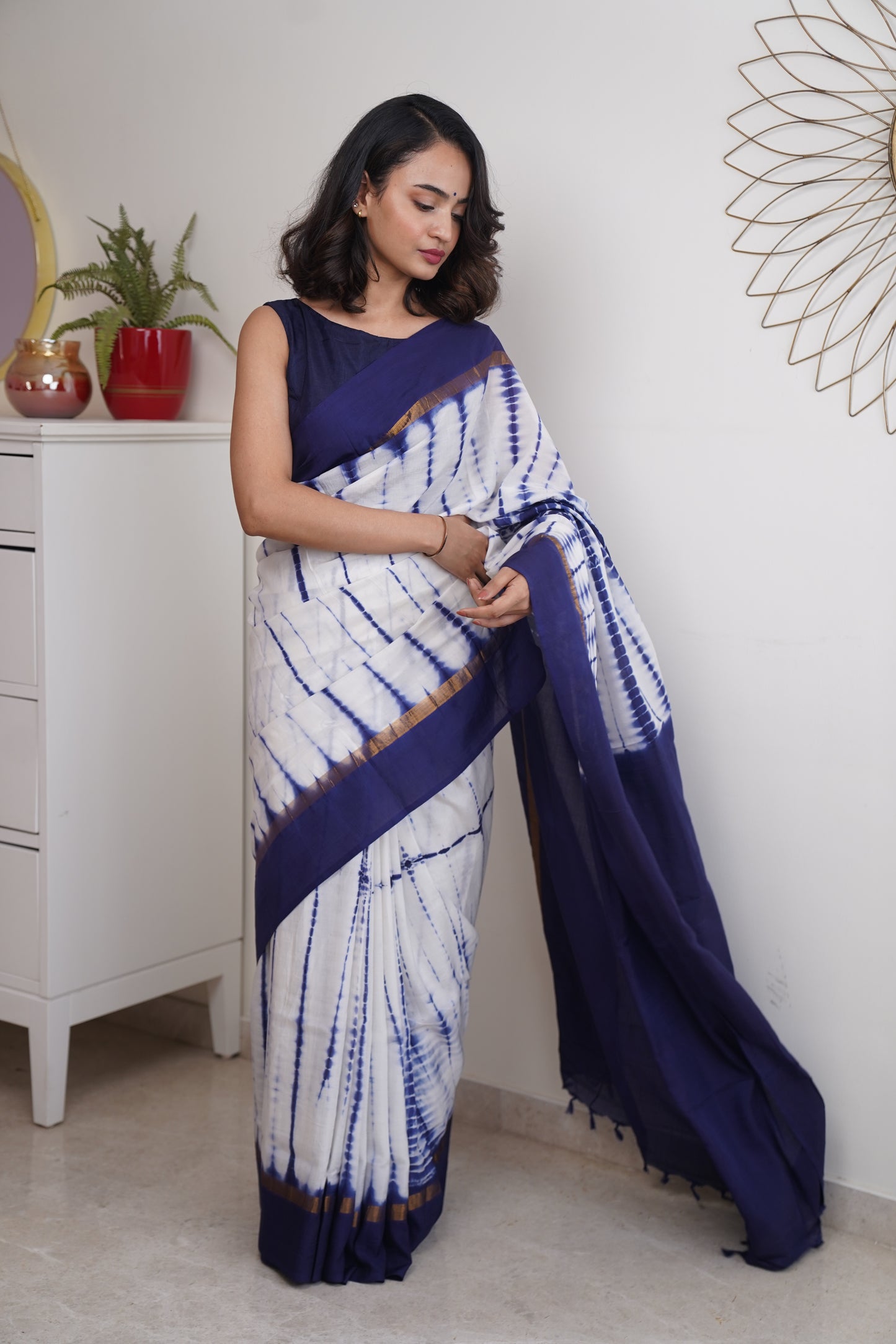 Midnight Blue & White Assam Silk & cotton Tie & Dye Pattern Saree