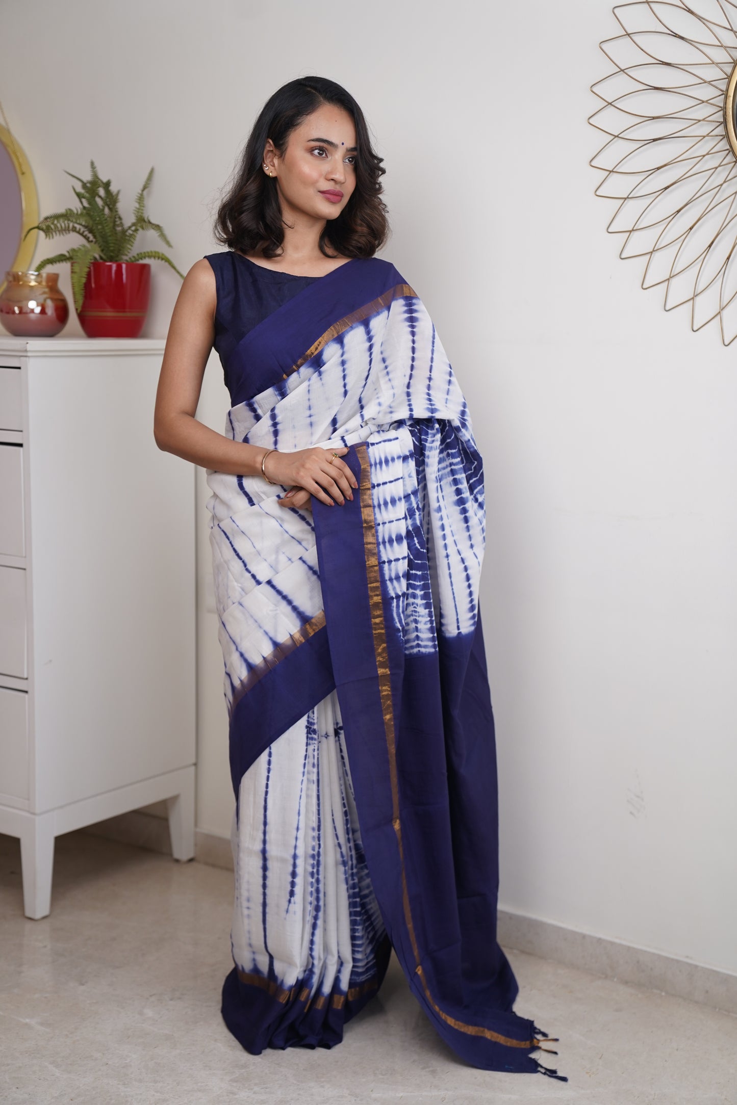 Midnight Blue & White Assam Silk & cotton Tie & Dye Pattern Saree