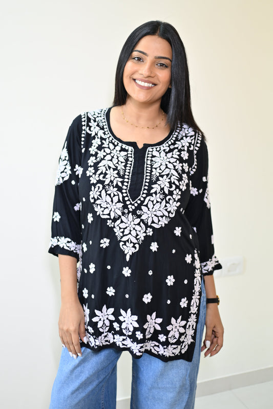 Aahana Handwoven Chikankari Black Short Kurta 100% Modal