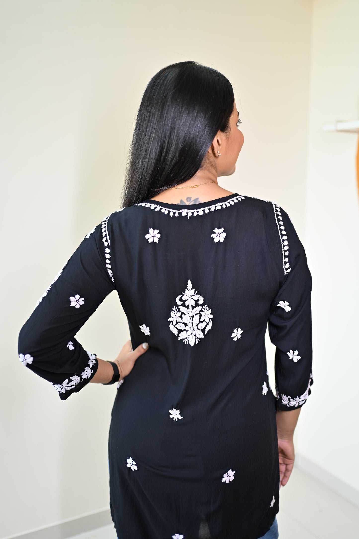 Aahana Handwoven Chikankari Black Short Kurta 100% Modal