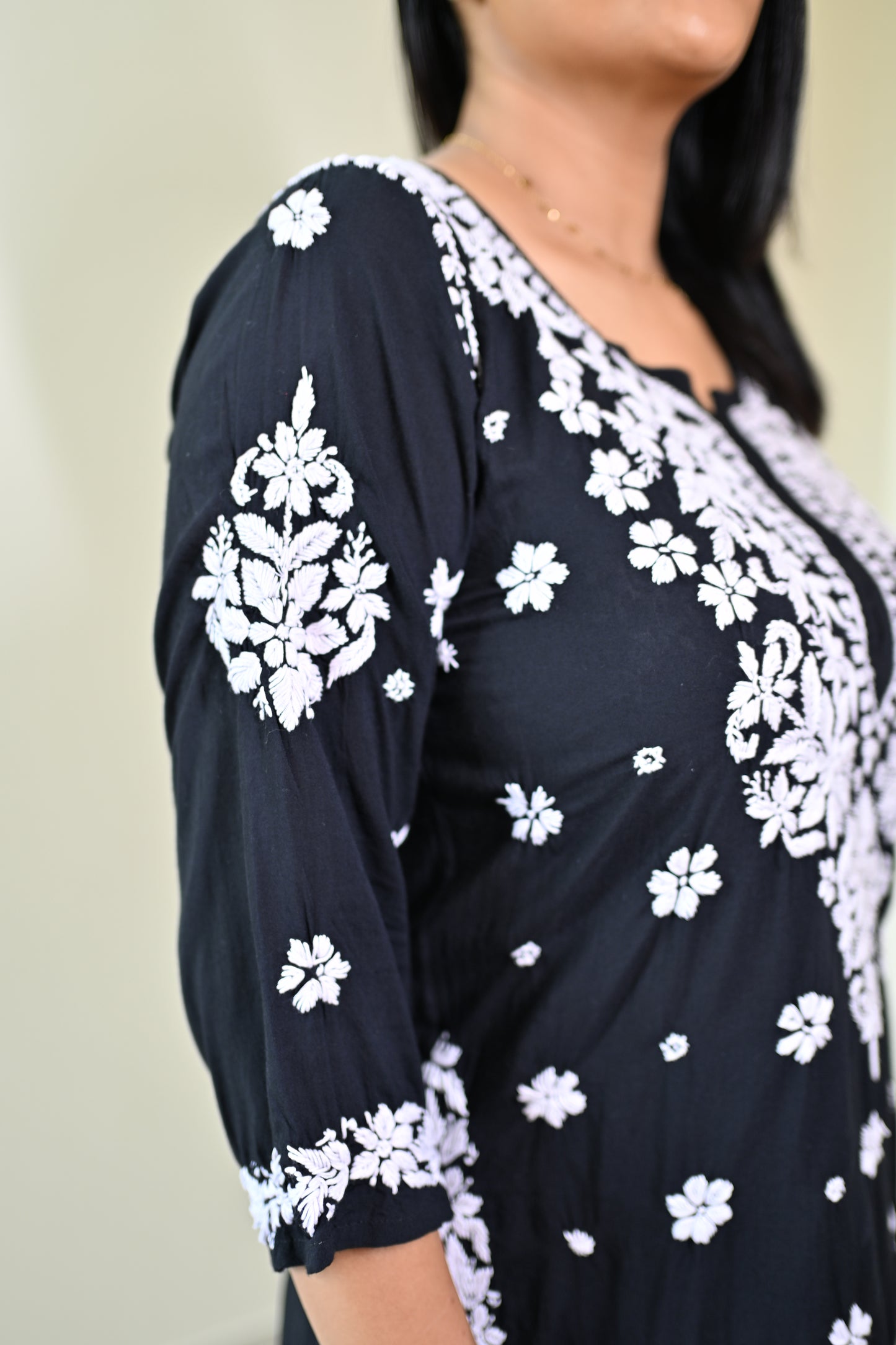Aahana Handwoven Chikankari Black Short Kurta 100% Modal