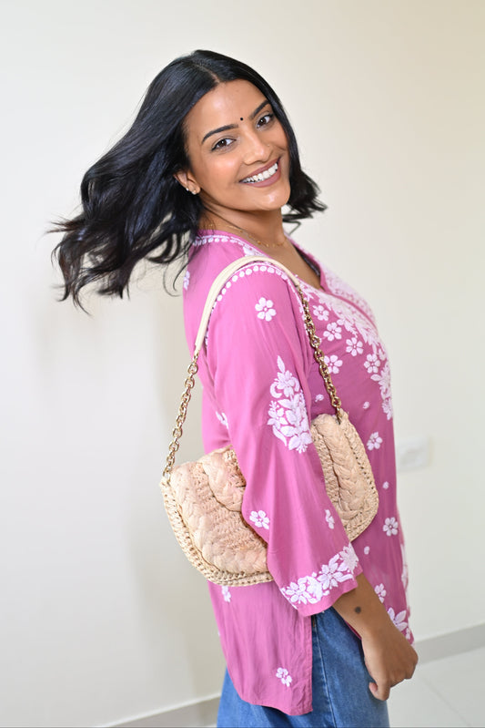 Aahana Handwoven Chikankari Mauve Pink Short Kurta 100% Modal