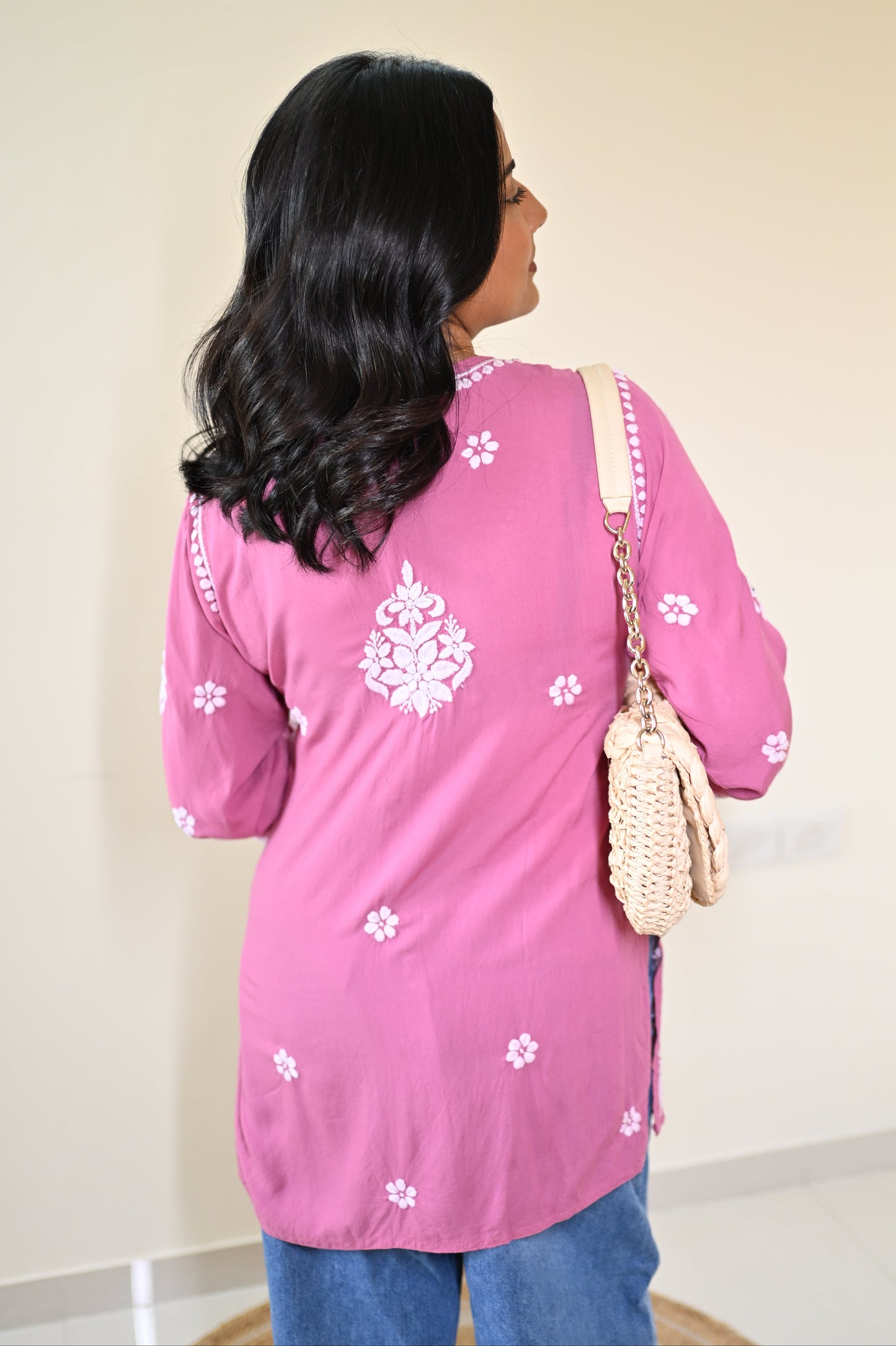 Aahana Handwoven Chikankari Mauve Pink Short Kurta 100% Modal