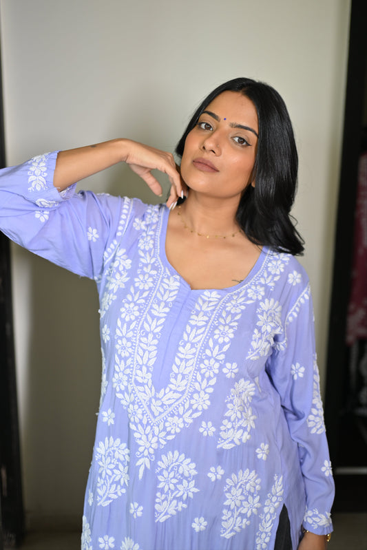 Anamika Handwoven Chikankari Lavender Long Kurta 100% Modal