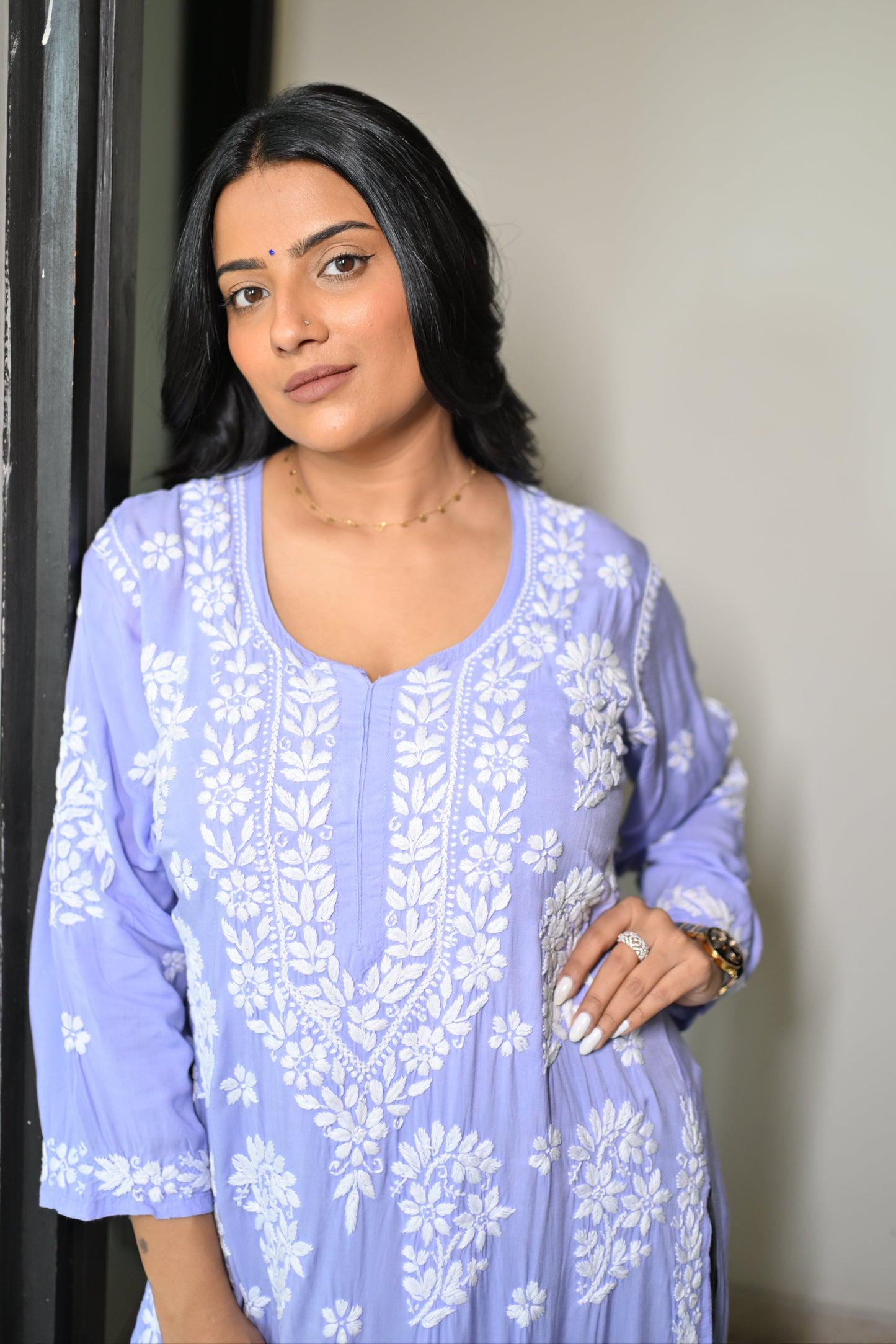 Anamika Handwoven Chikankari Lavender Long Kurta 100% Modal