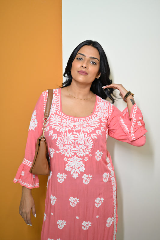 Aarohi Handwoven Chikankari Coral Pink Long Kurta 100% Modal