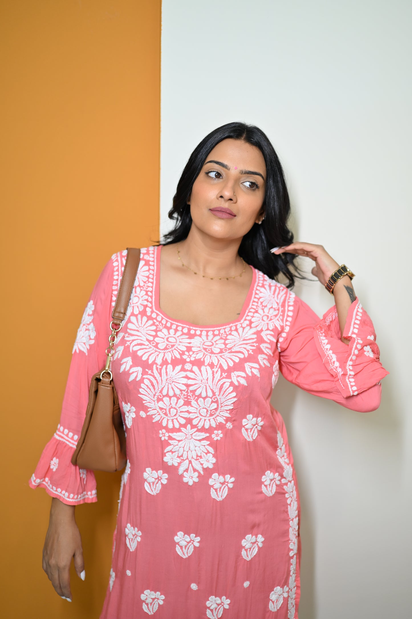 Aarohi Handwoven Chikankari Coral Pink Long Kurta 100% Modal