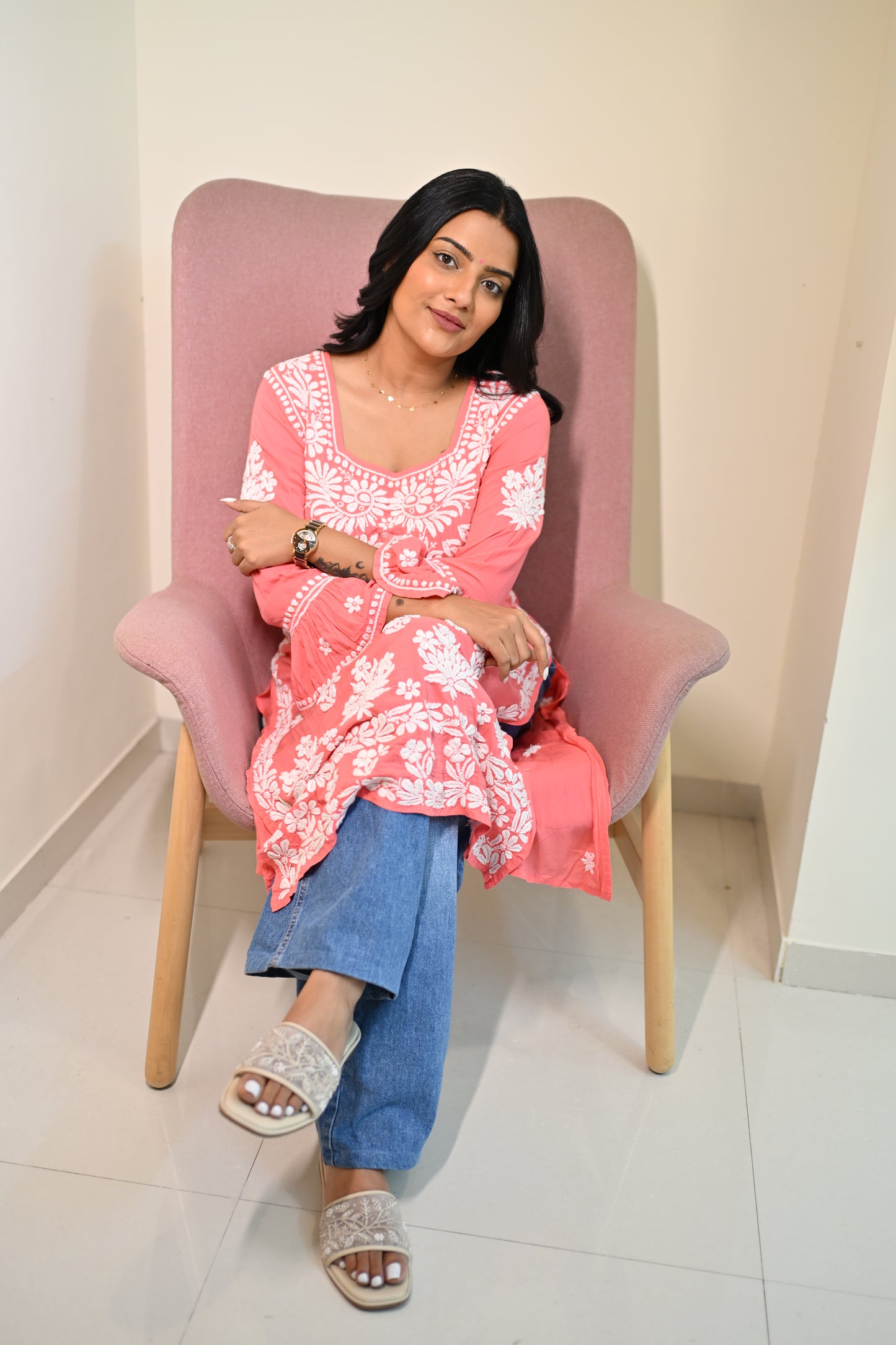 Aarohi Handwoven Chikankari Coral Pink Long Kurta 100% Modal