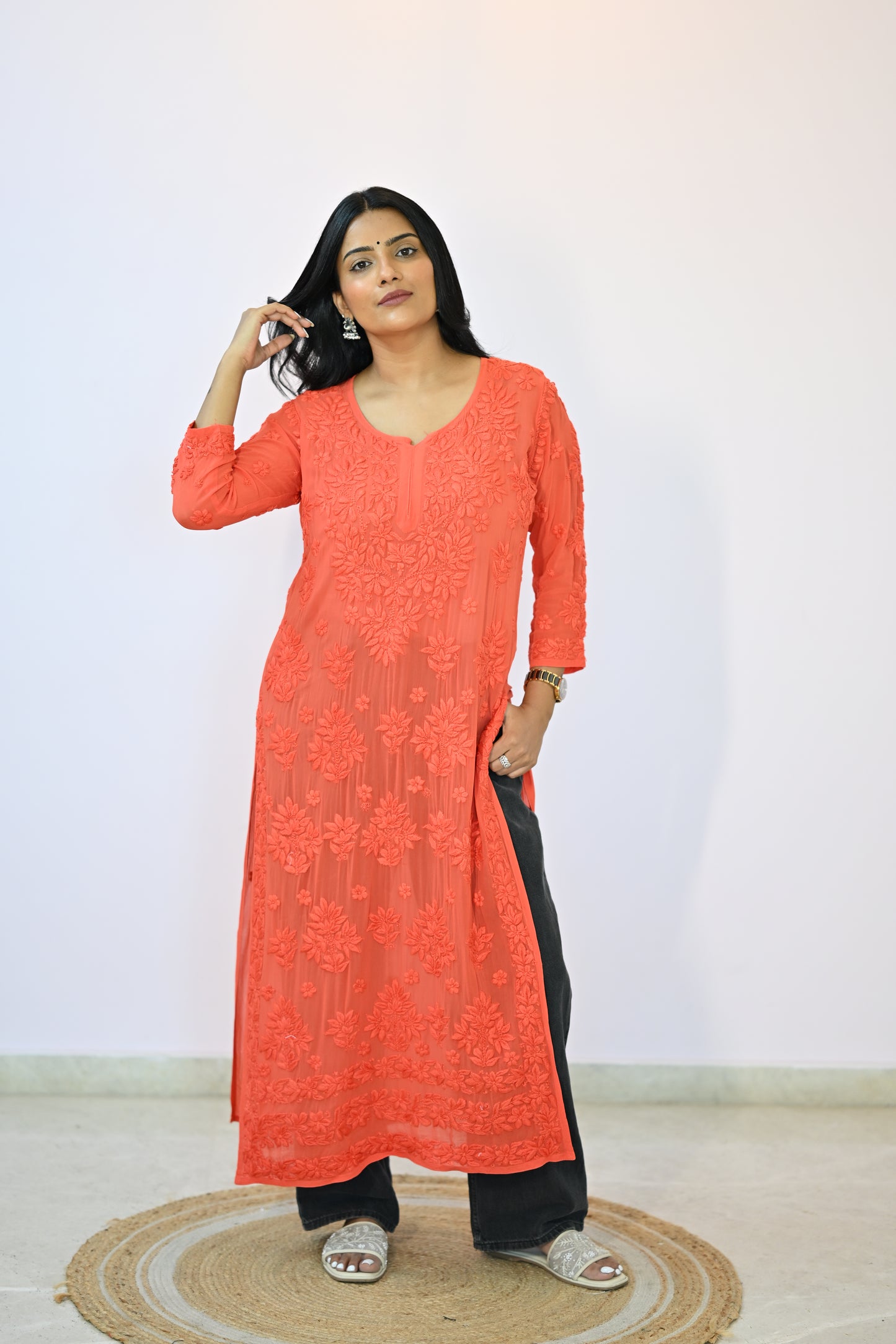 Aaradhya Handwoven Chikankari Deep Orange Long Kurta 100% Viscose