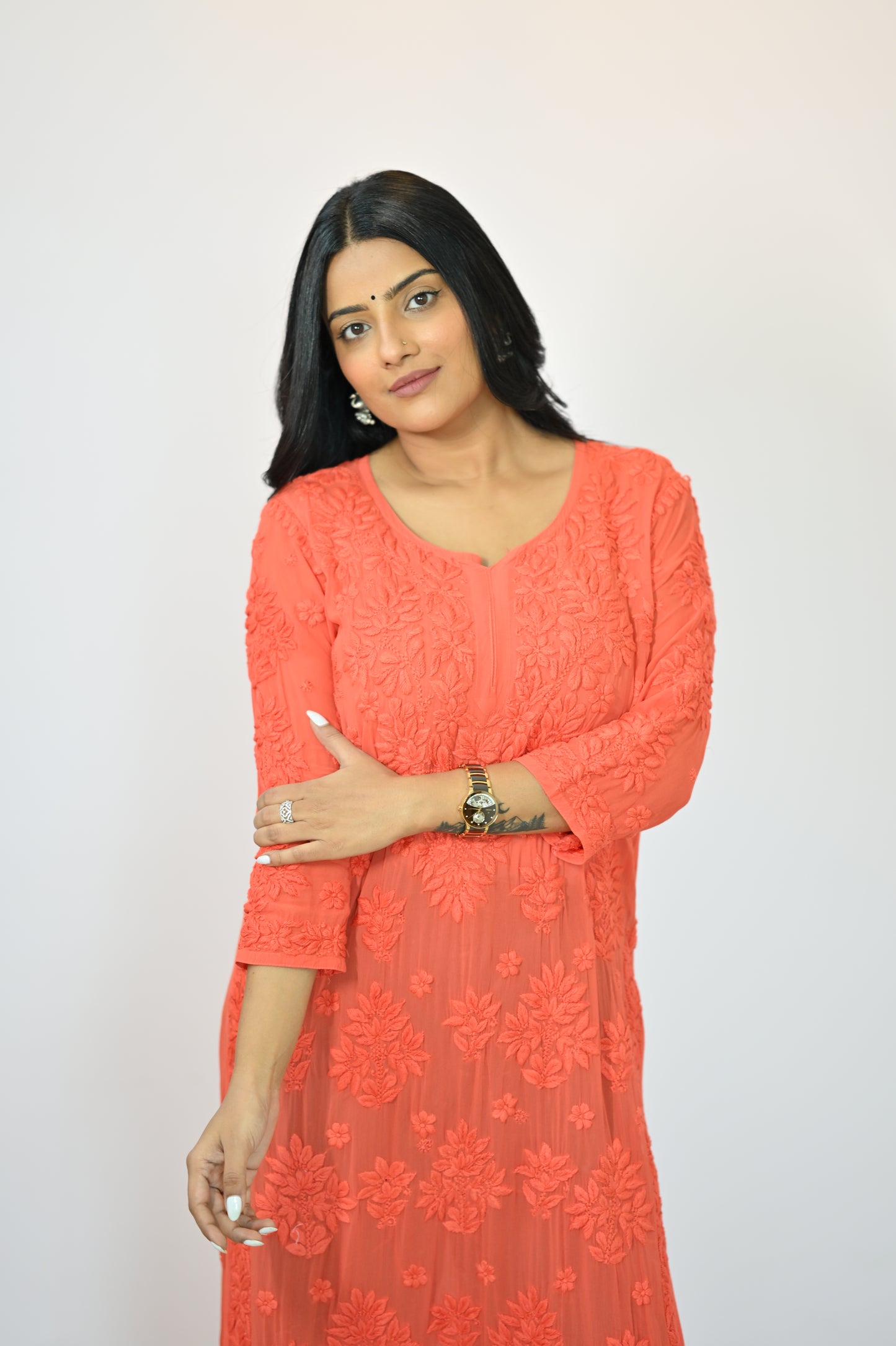 Aaradhya Handwoven Chikankari Deep Orange Long Kurta 100% Viscose