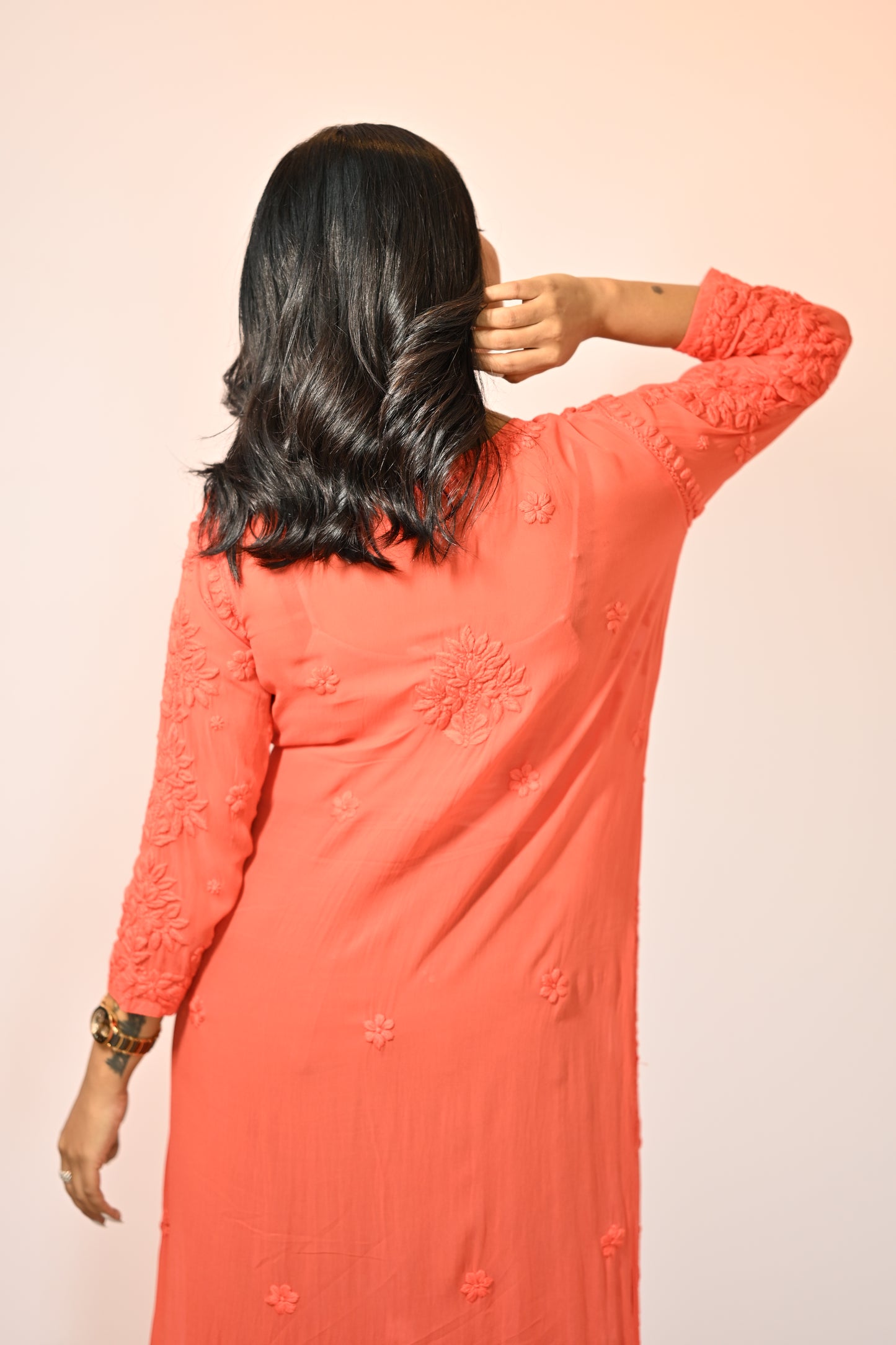 Aaradhya Handwoven Chikankari Deep Orange Long Kurta 100% Viscose