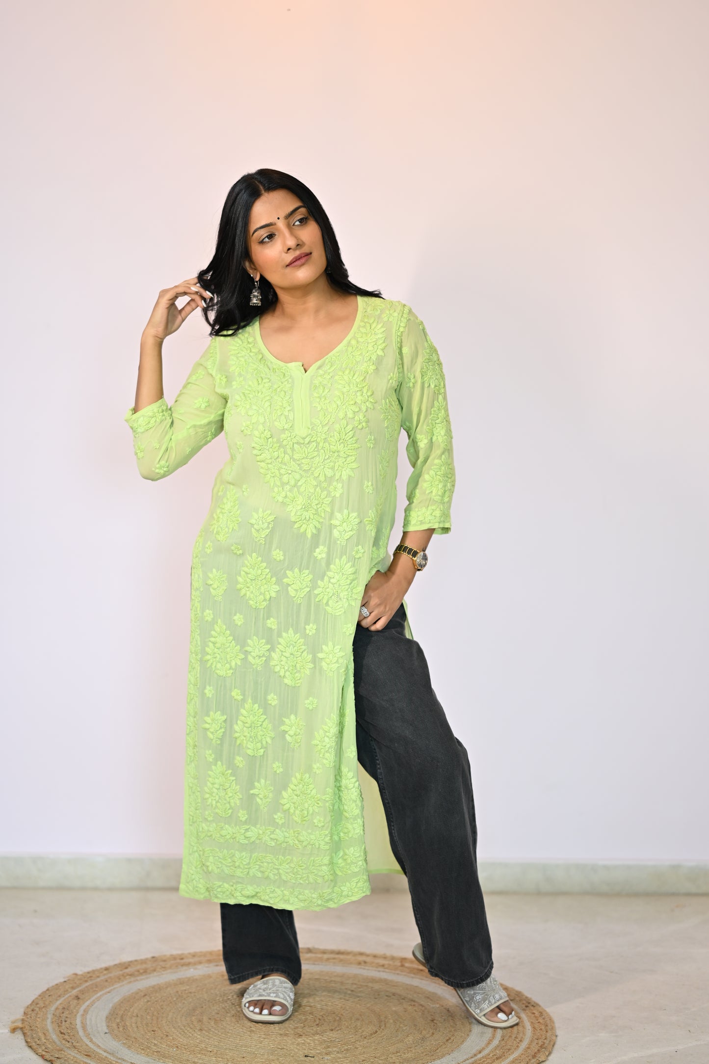 Aaradhya Handwoven Chikankari Lime Green Long Kurta 100% Viscose