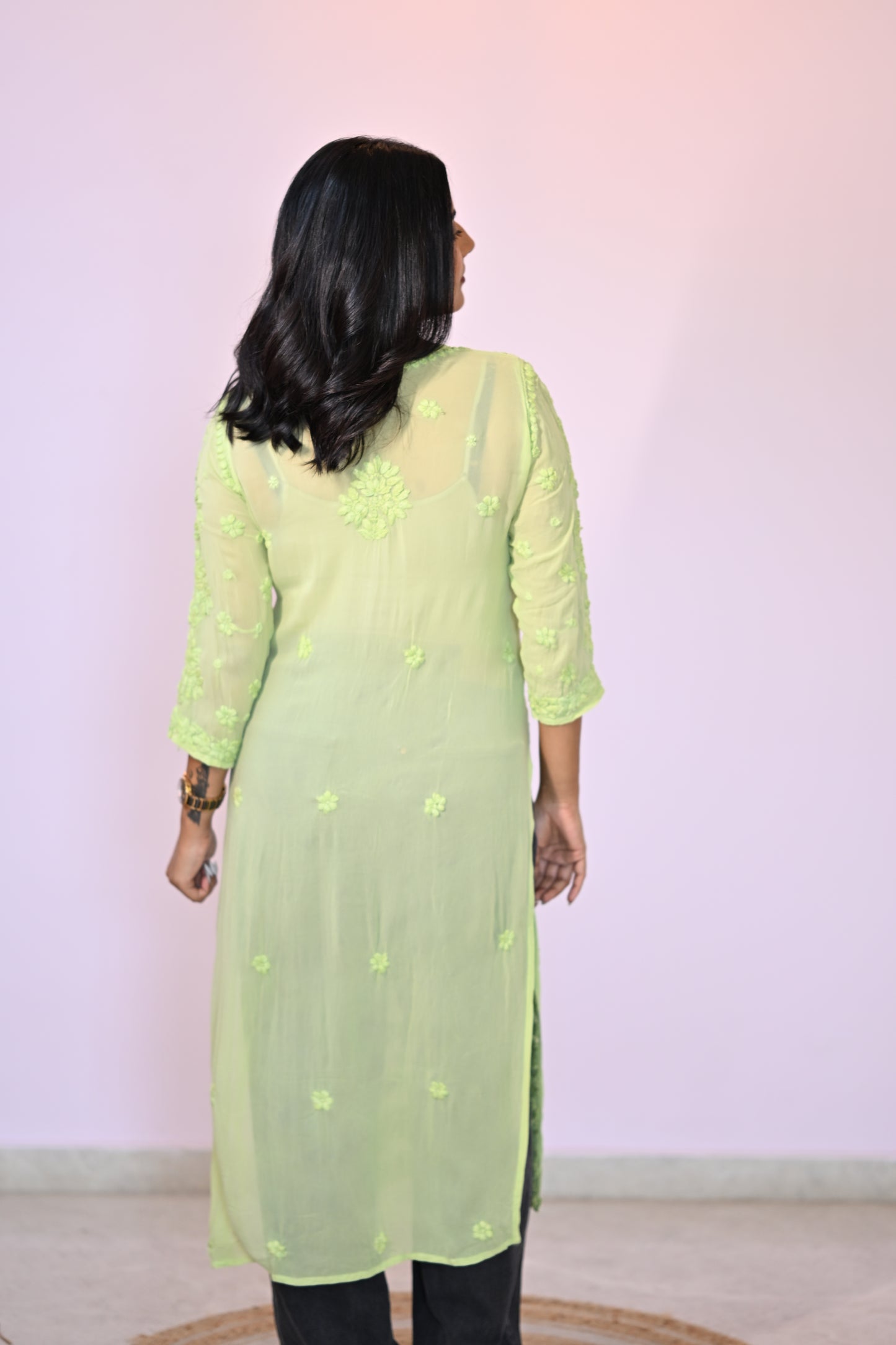 Aaradhya Handwoven Chikankari Lime Green Long Kurta 100% Viscose