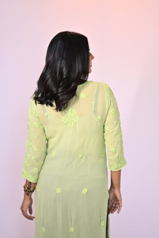 Aaradhya Handwoven Chikankari Lime Green Long Kurta 100% Viscose