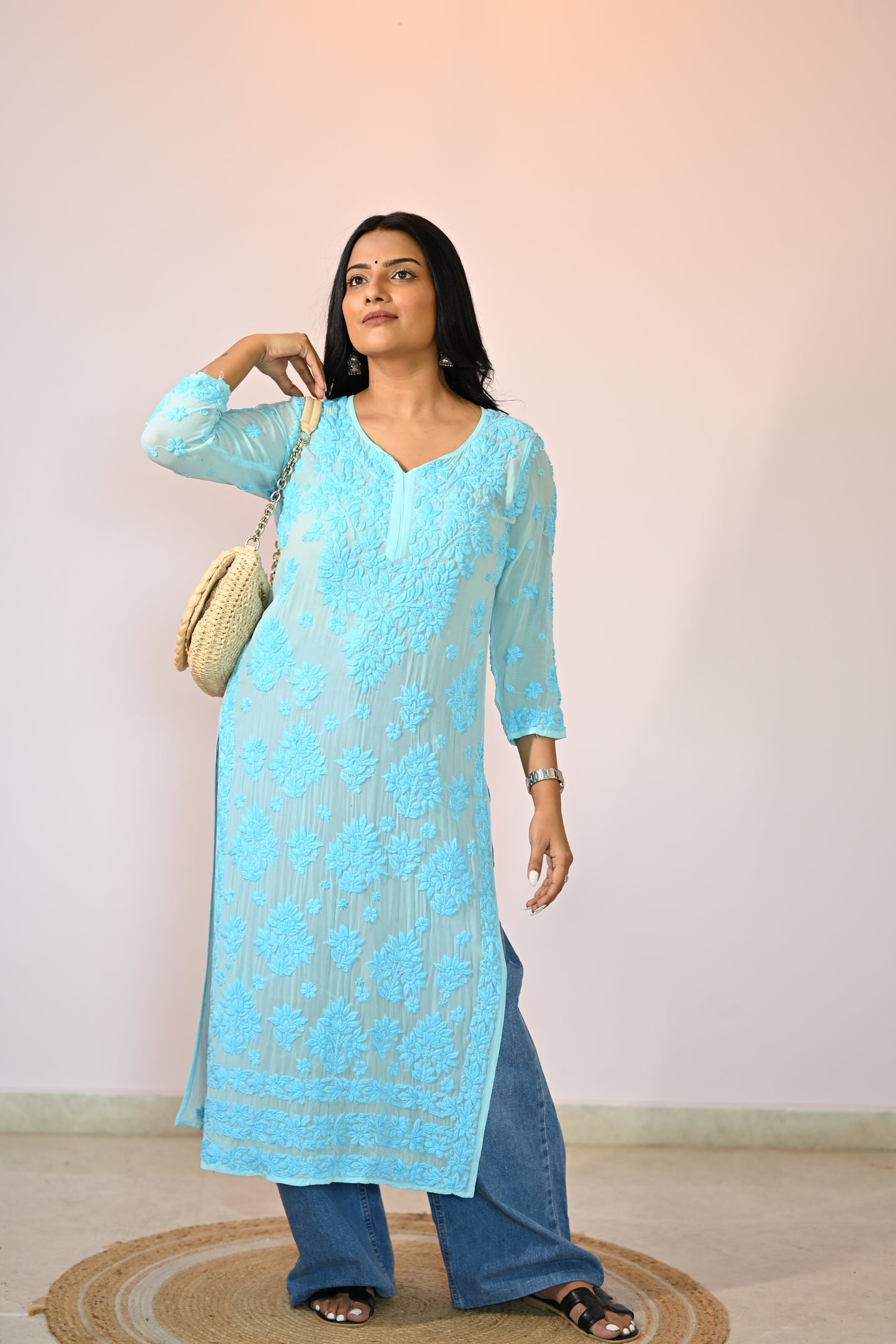 Aaradhya Handwoven Chikankari Powder Blue Long Kurta 100% Viscose