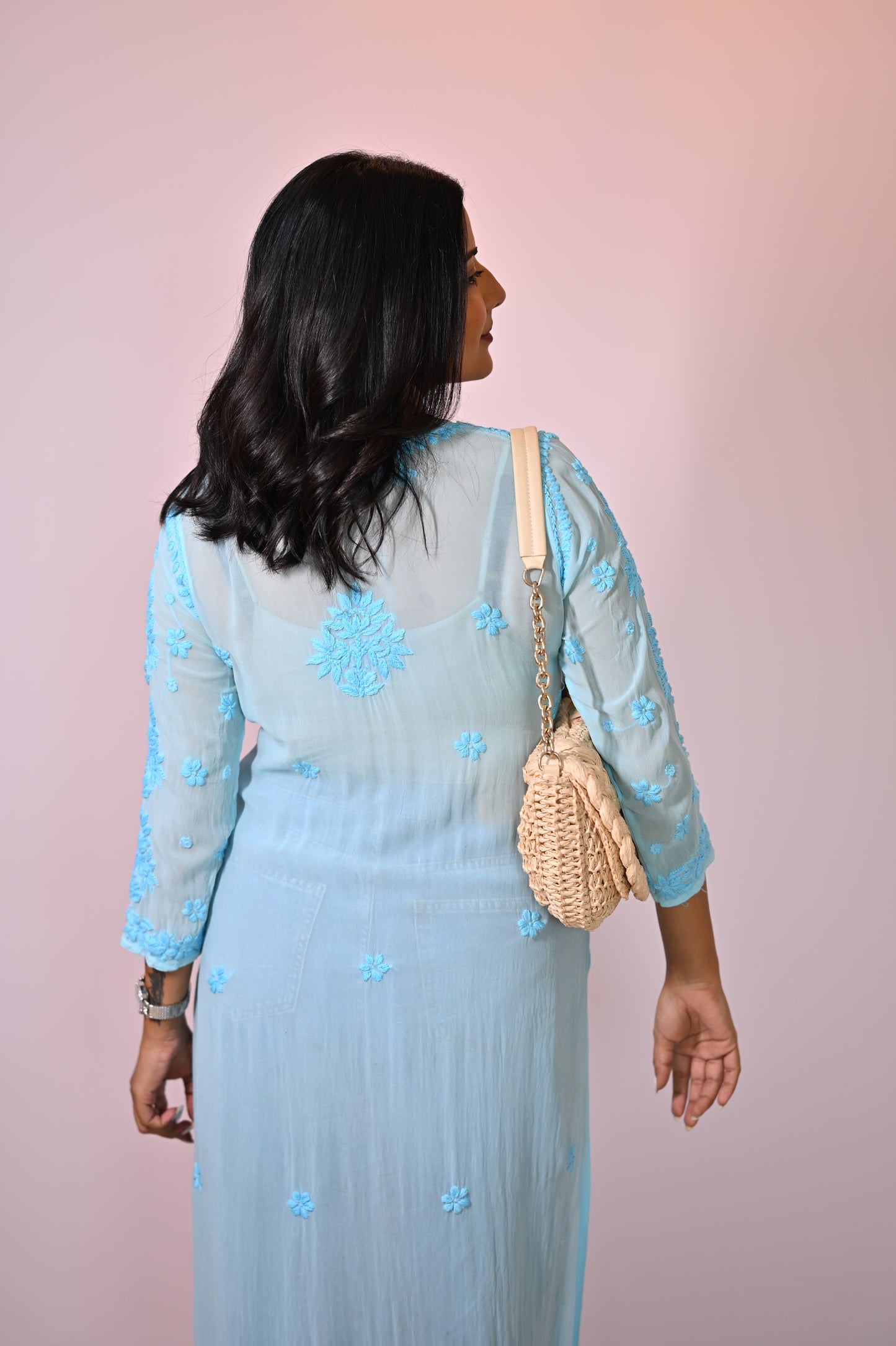 Aaradhya Handwoven Chikankari Powder Blue Long Kurta 100% Viscose