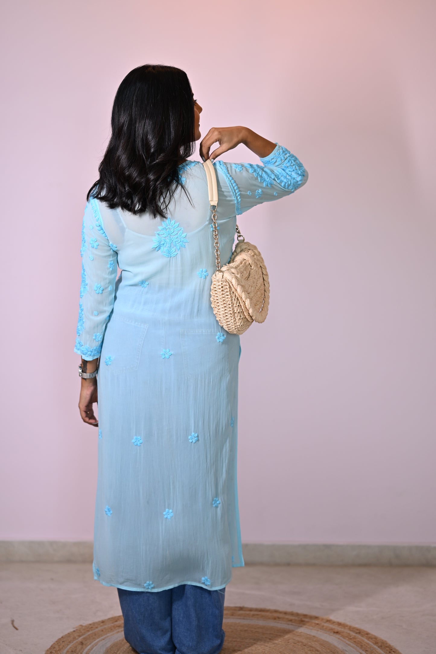 Aaradhya Handwoven Chikankari Powder Blue Long Kurta 100% Viscose