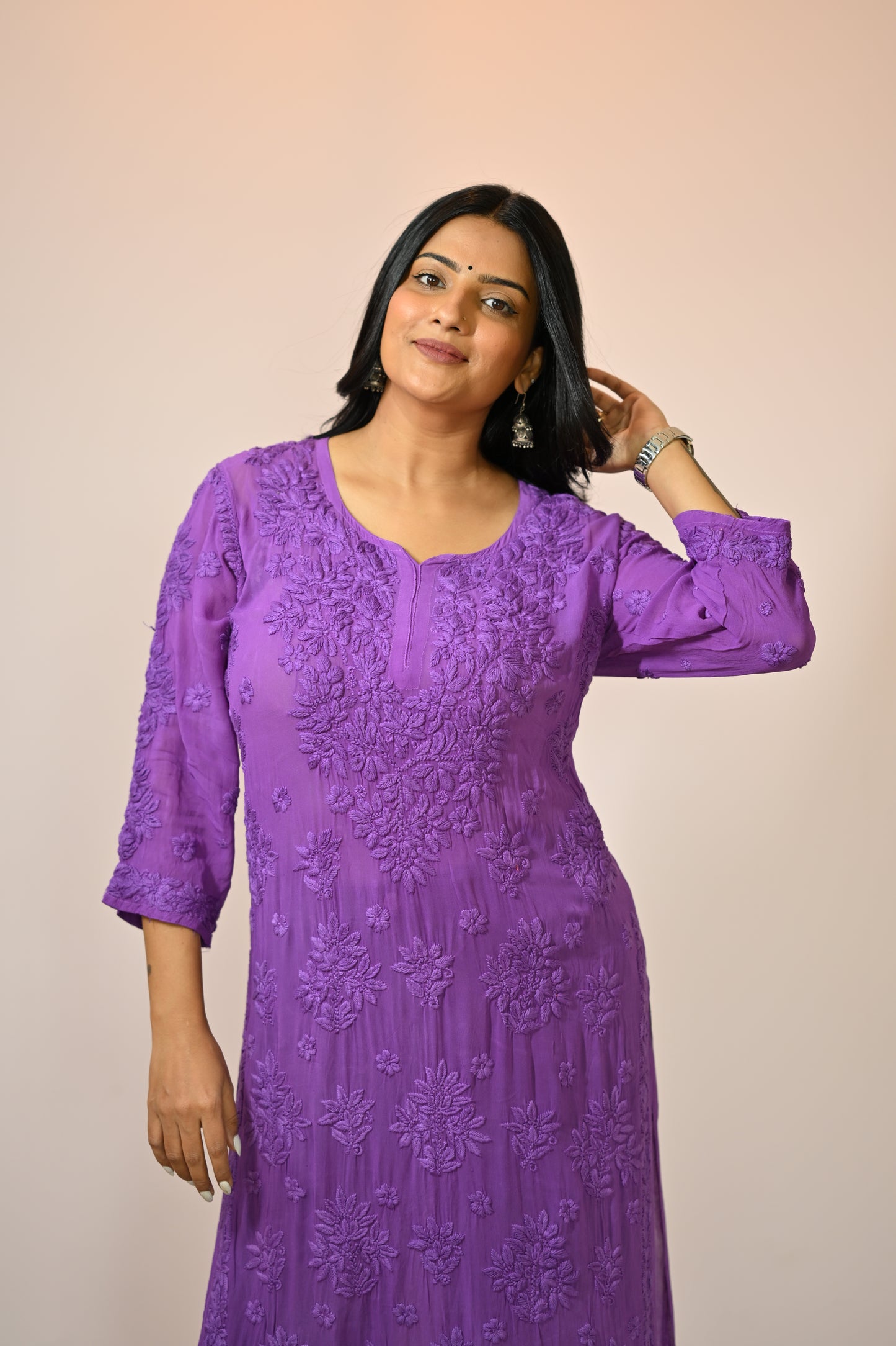 Aaradhya Handwoven Chikankari Deep Purple Long Kurta 100% Viscose
