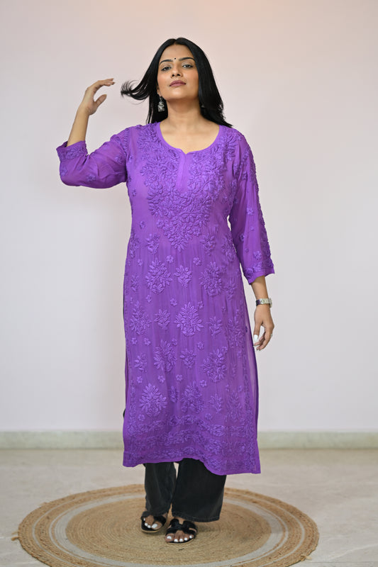 Aaradhya Handwoven Chikankari Deep Purple Long Kurta 100% Viscose