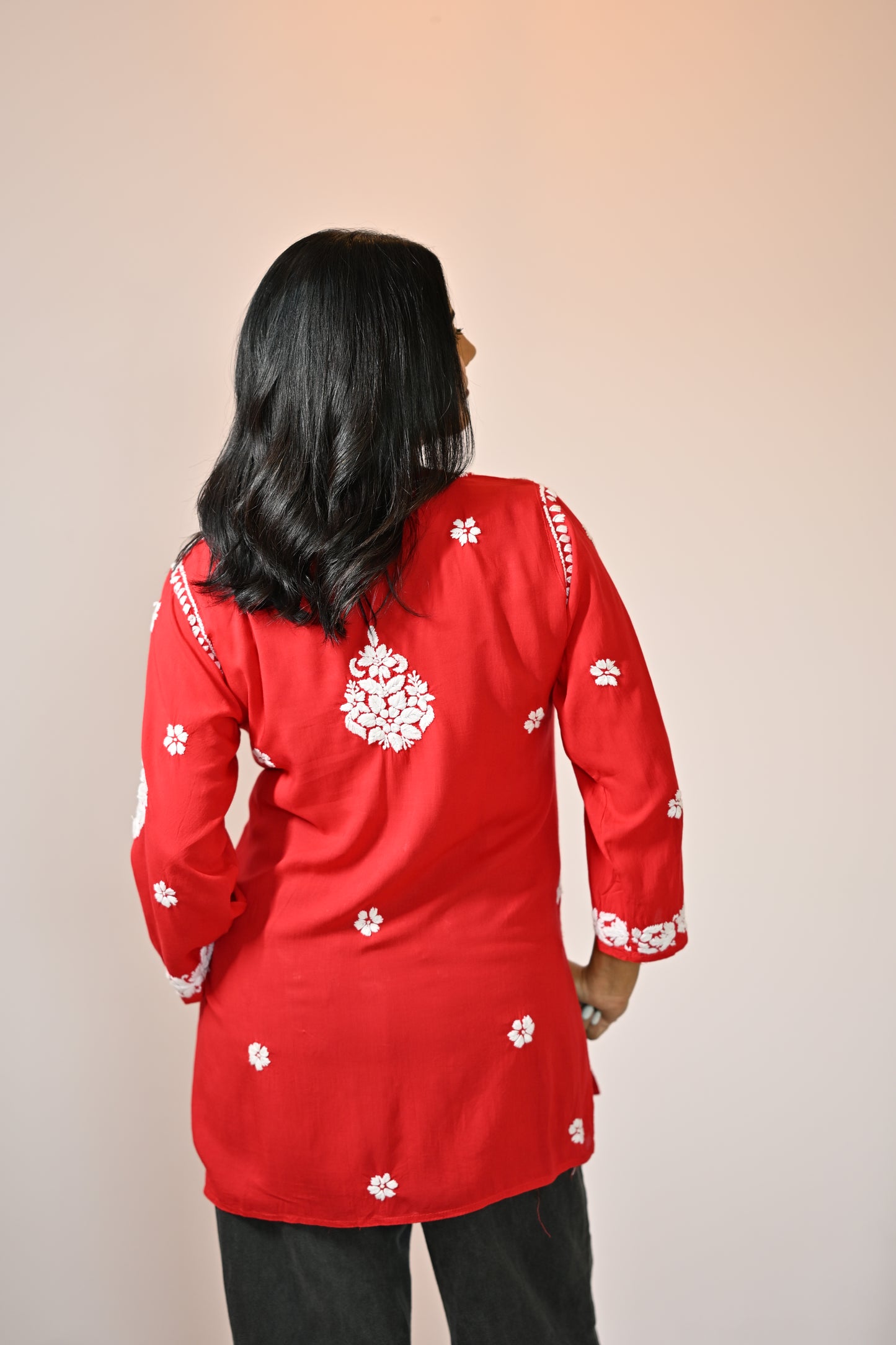 Aahana Handwoven Chikankari Vibrant Red Short Kurta 100% Modal