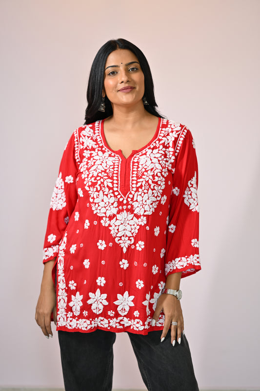 Aahana Handwoven Chikankari Vibrant Red Short Kurta 100% Modal