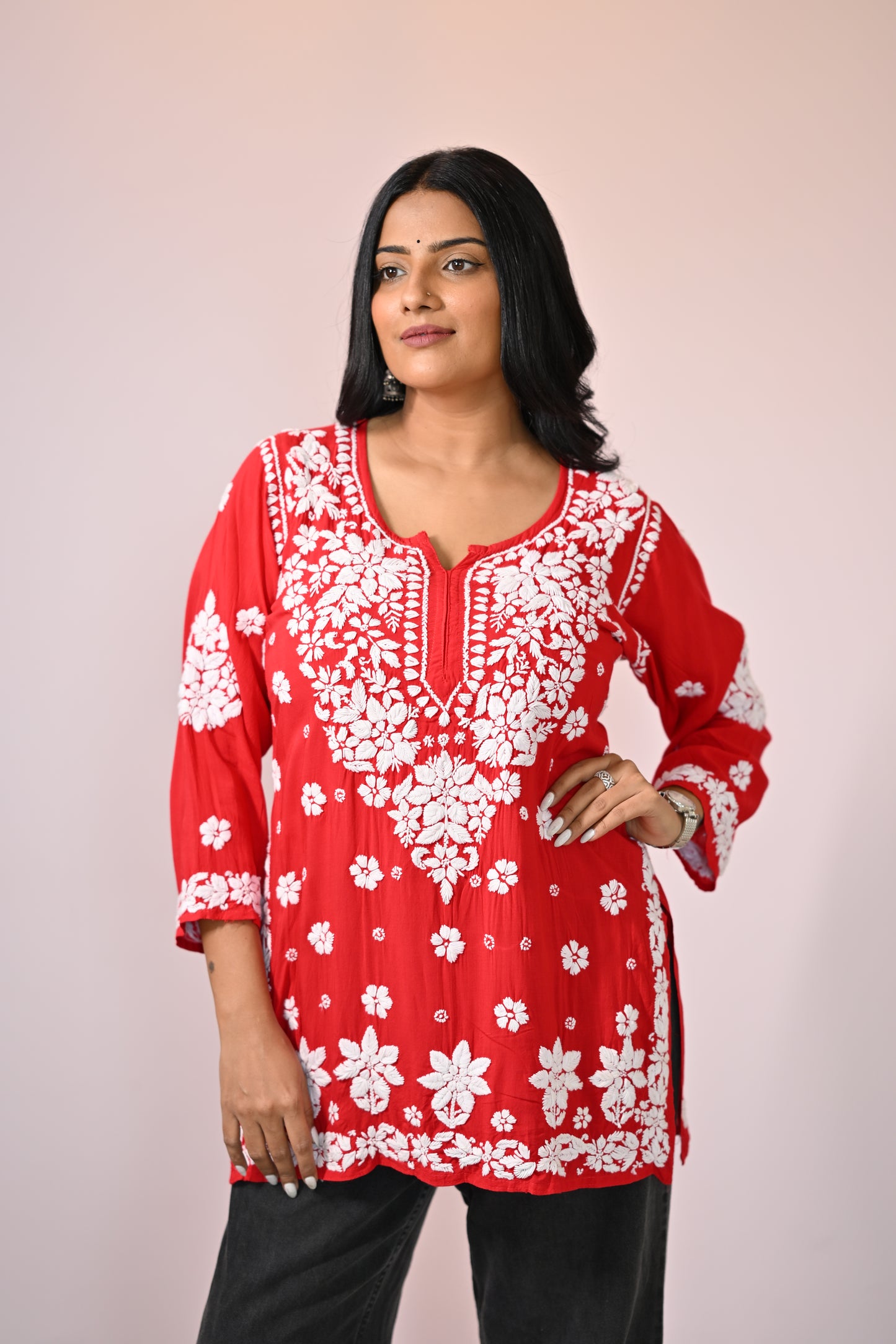 Aahana Handwoven Chikankari Vibrant Red Short Kurta 100% Modal