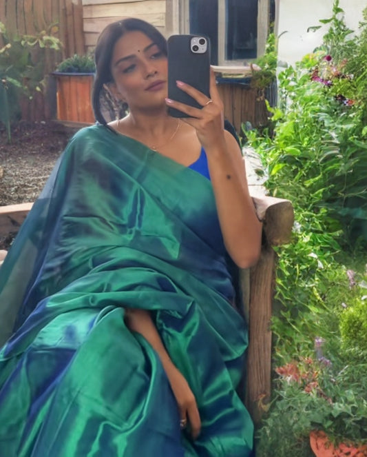 Peacock Blue Green Cotton Tissue Saree