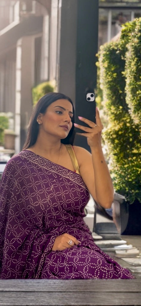 Violet Chiffon Handblock Print Saree