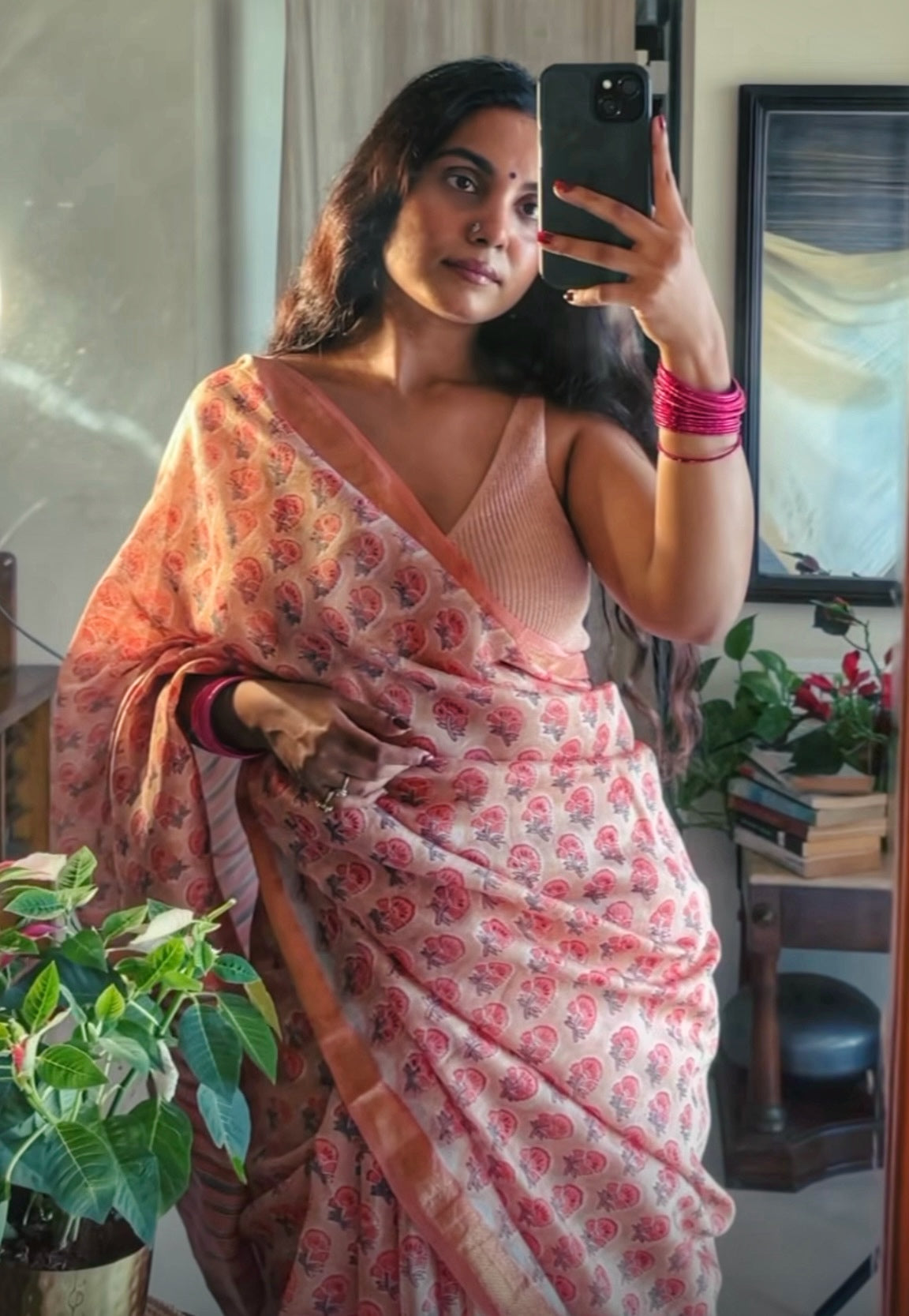 Beige and Peach Orange Maheshwari Cotton Silk Saree