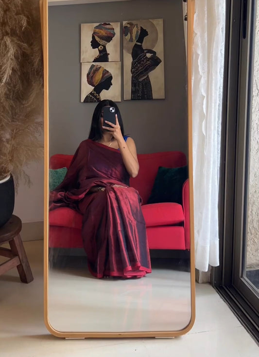 Oxblood Red Cotton Tissue Saree