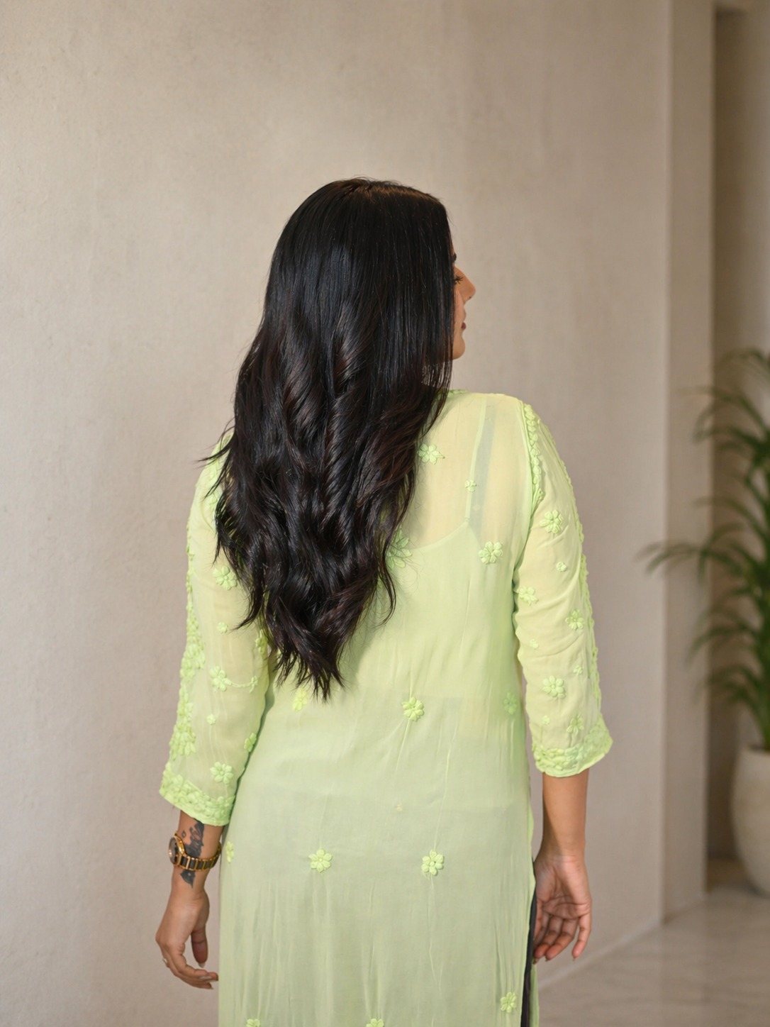 Aaradhya Chikankari Lime Green Long Kurta 100% Viscose