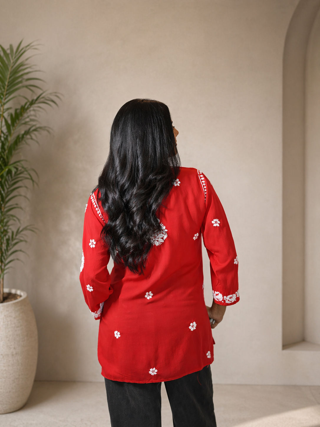 Aahana Chikankari Vibrant Red Short Kurta 100% Modal