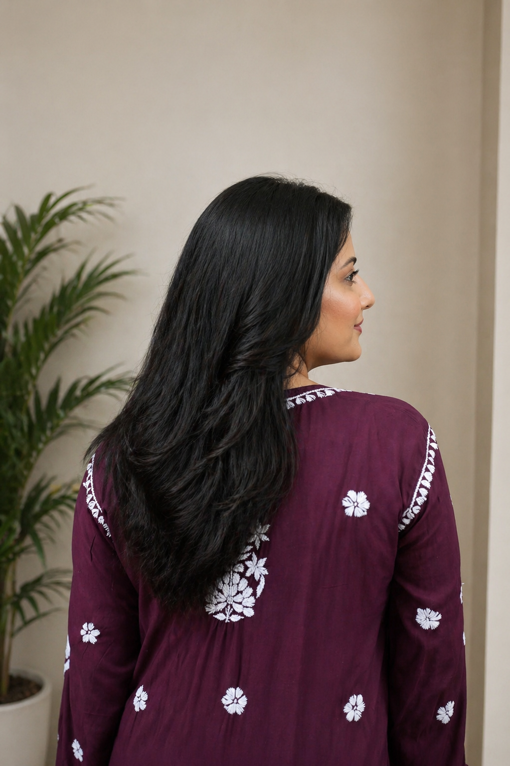 Anamika Chikankari Deep Plum Long Kurta 100% Modal