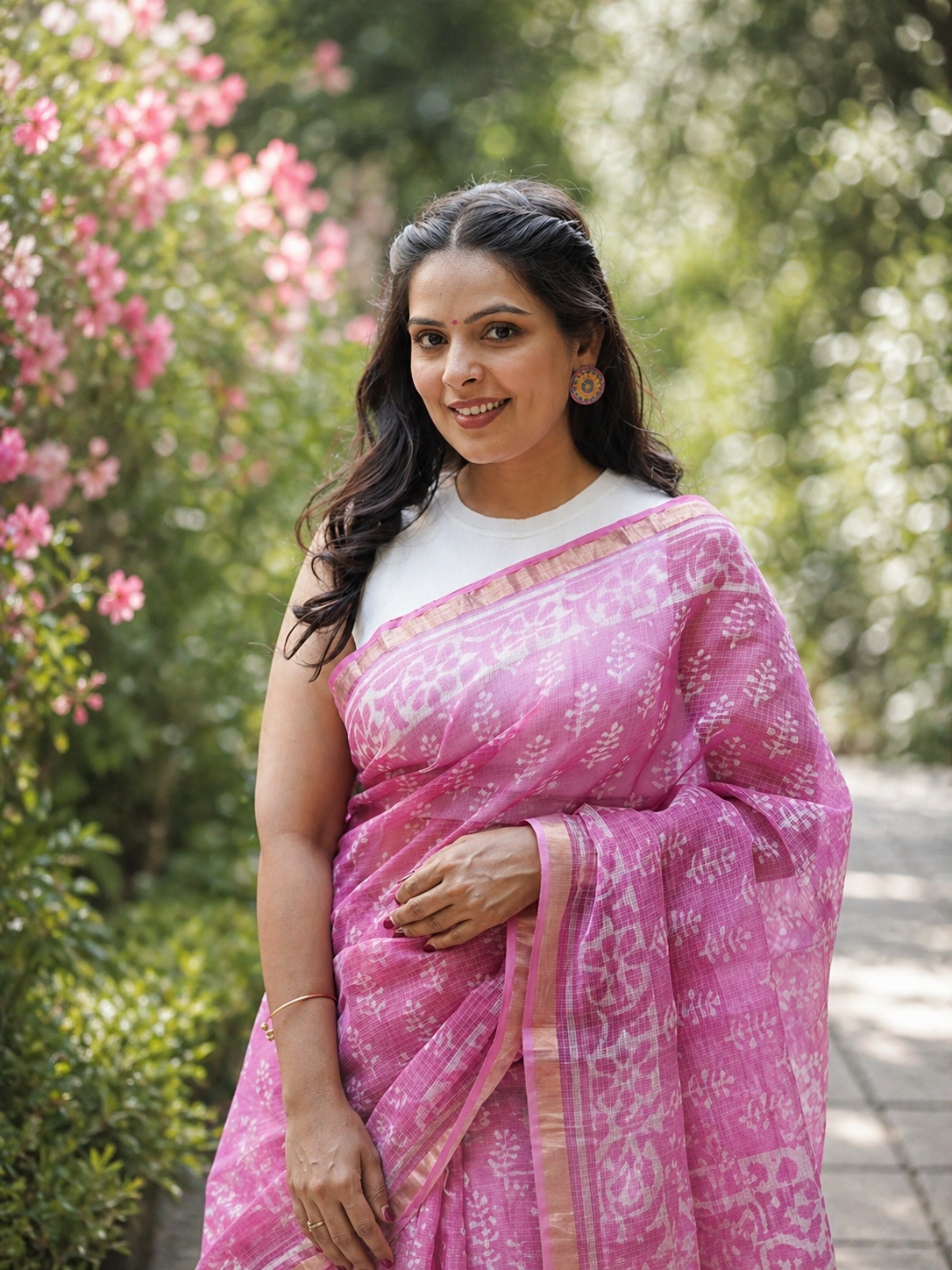 Pink Kota Doria Handblock Print Saree