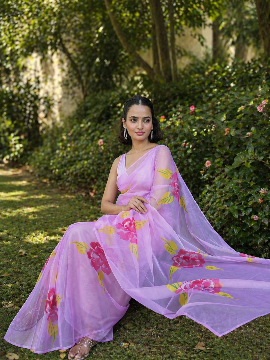 Neon Pink Organza Handpainted Saree